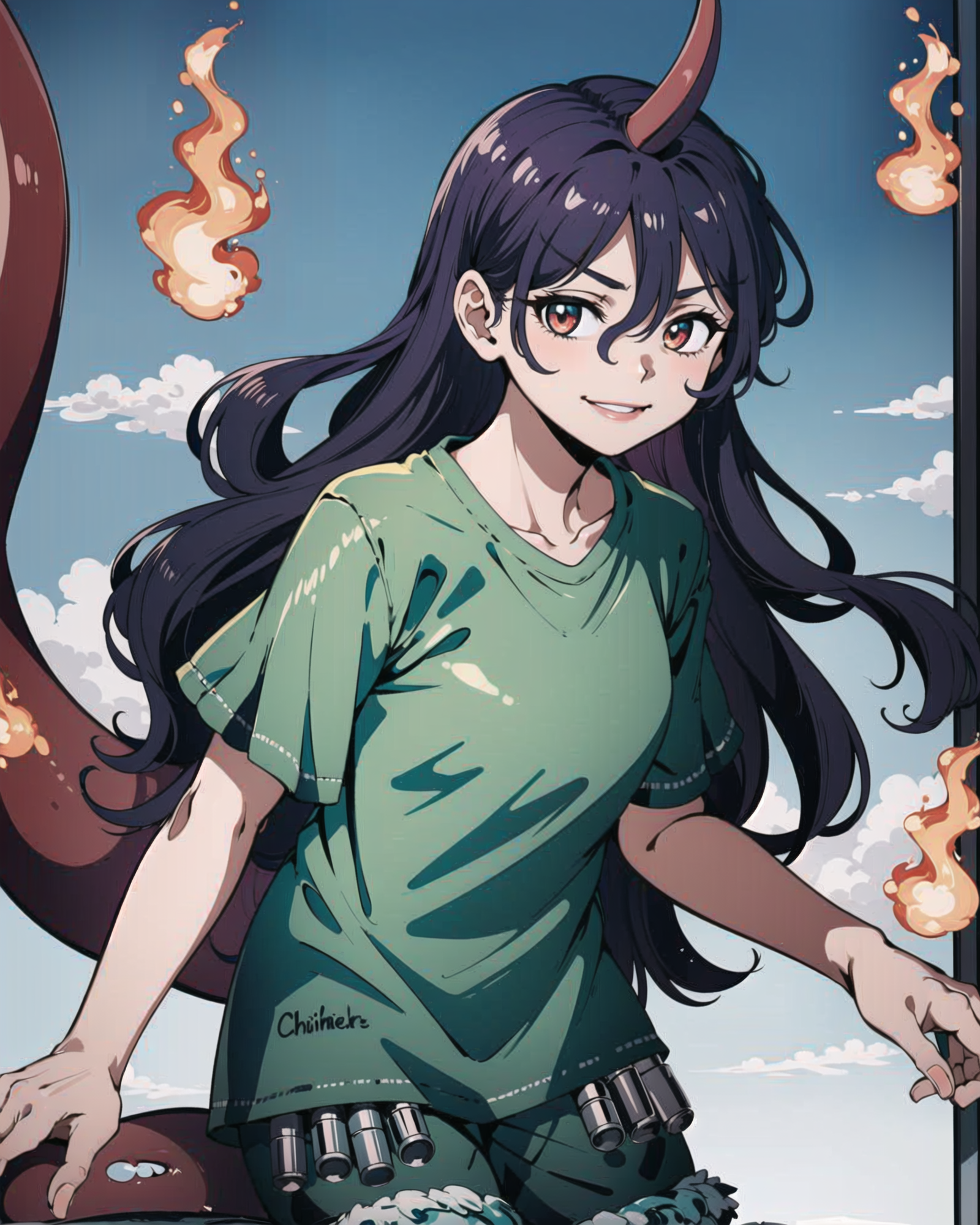 01462-2007880198-1girl, chiyari tenkajin, shirt,green shirt, shorts, fire, looking at viewer, smile, solo, _lora_chiyari_tenkajin-07_1_, masterpi.png